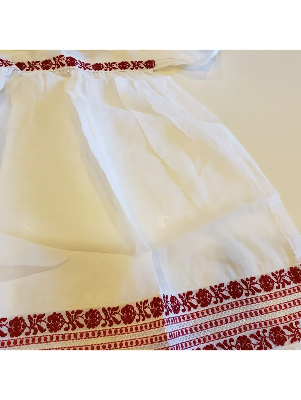 Vintage Chiffon Apron Red Woven Ribbon Lace Accents Pocket Kitsch Organdy